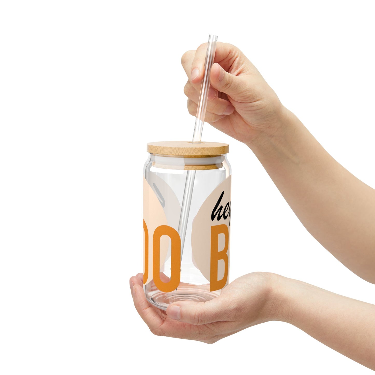 Hey Boo 16oz Sipper Glass — "Hey Boo" Retro Typography Drink Tumbler with Bamboo Lid & Straw