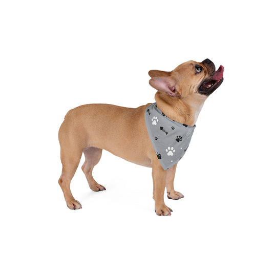 Grey Paw Print Pet Bandana - Cute Dog & Cat Paw and Fishbone Scarf
