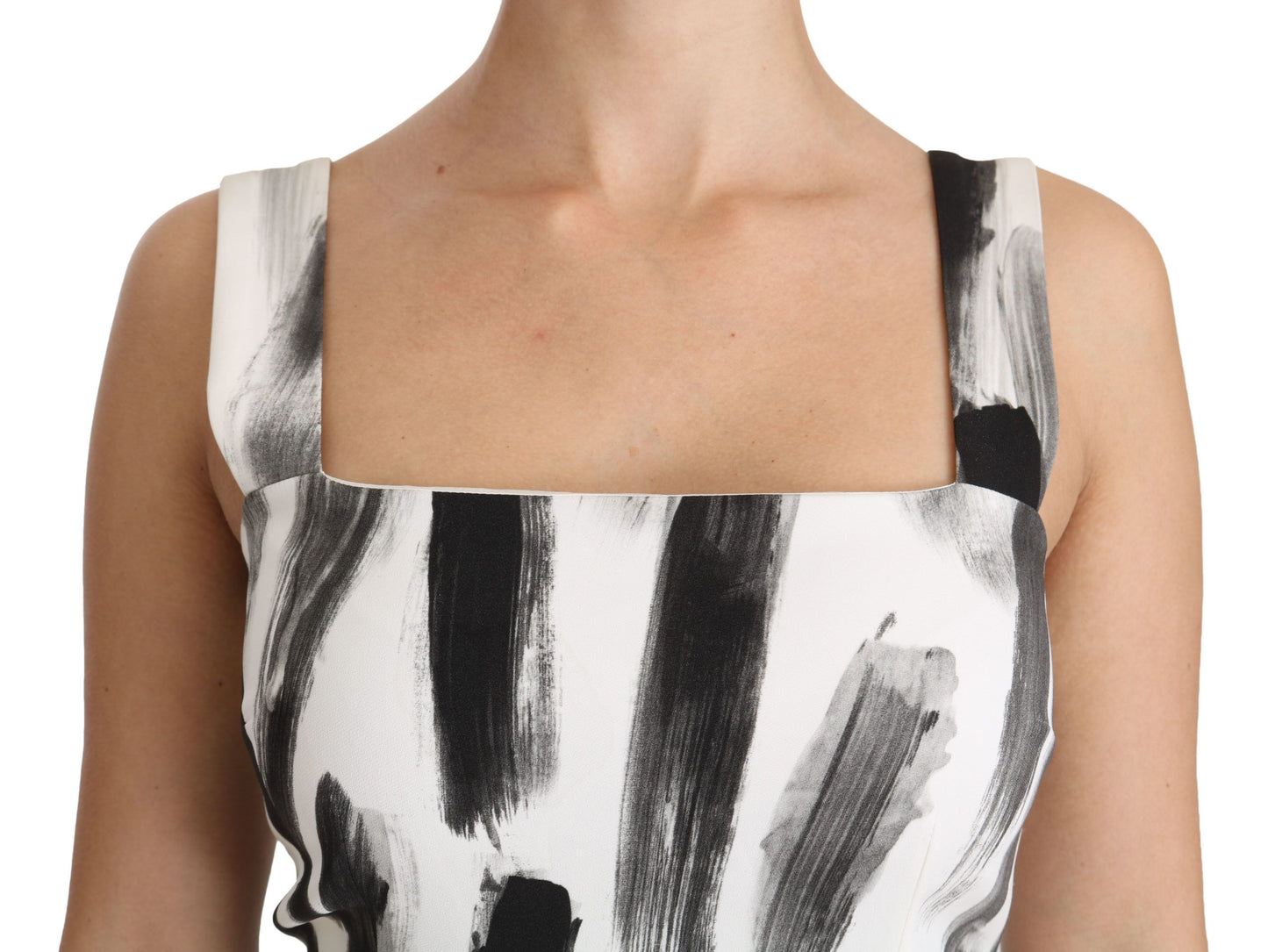 White Black Printed Sheath Midi Viscose Dress