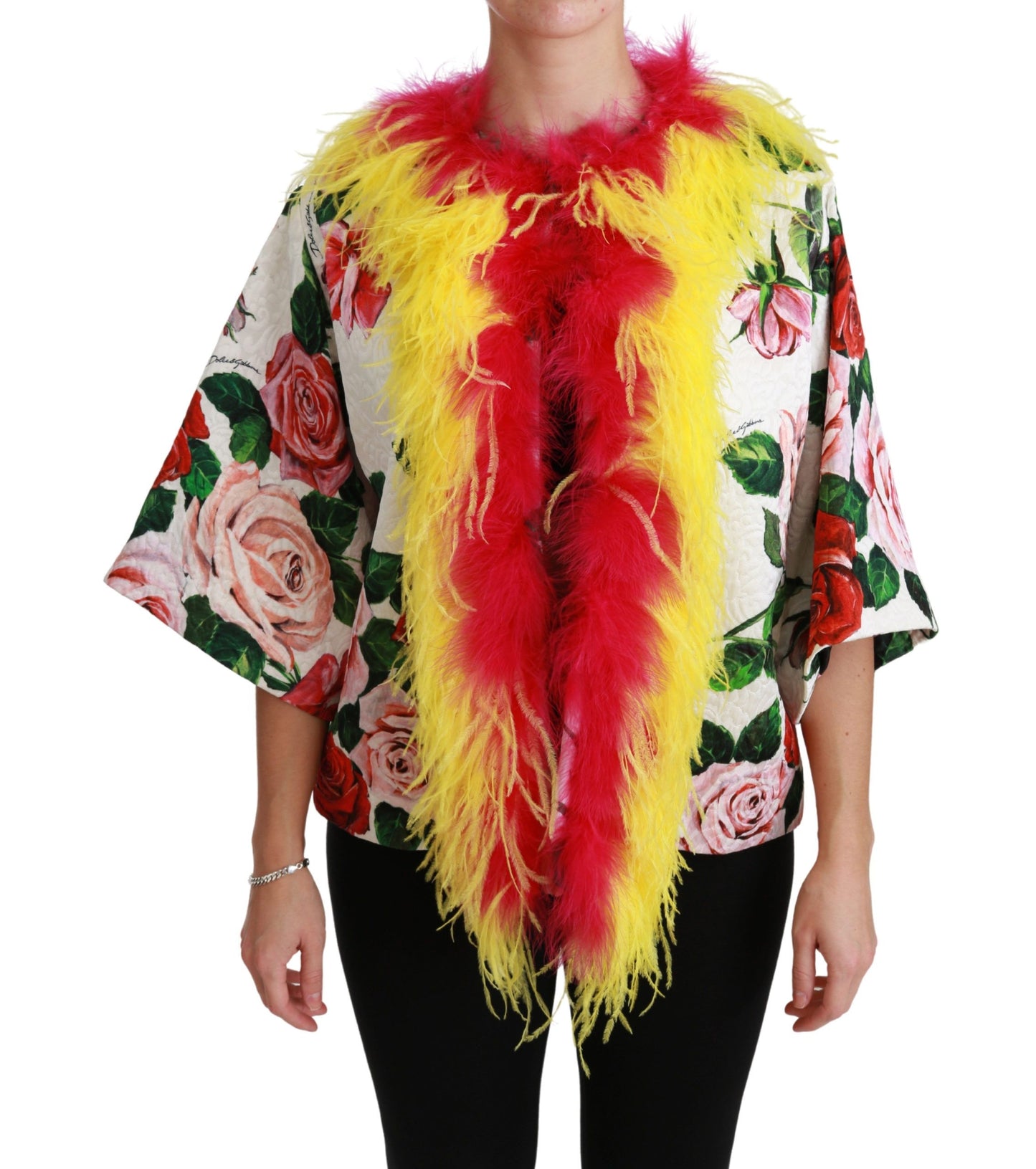 White Floral Coat Capte Fur Roses Jacket
