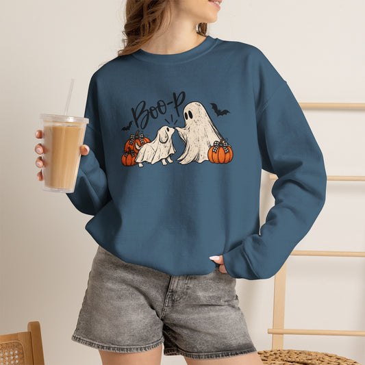 Halloween Ghost Dog Sweatshirt | Cute Boo-P Ghost Dogs & Pumpkins Graphic Crewneck | Spooky Fall Pullover | Halloween Dog Lover Sweatshirt