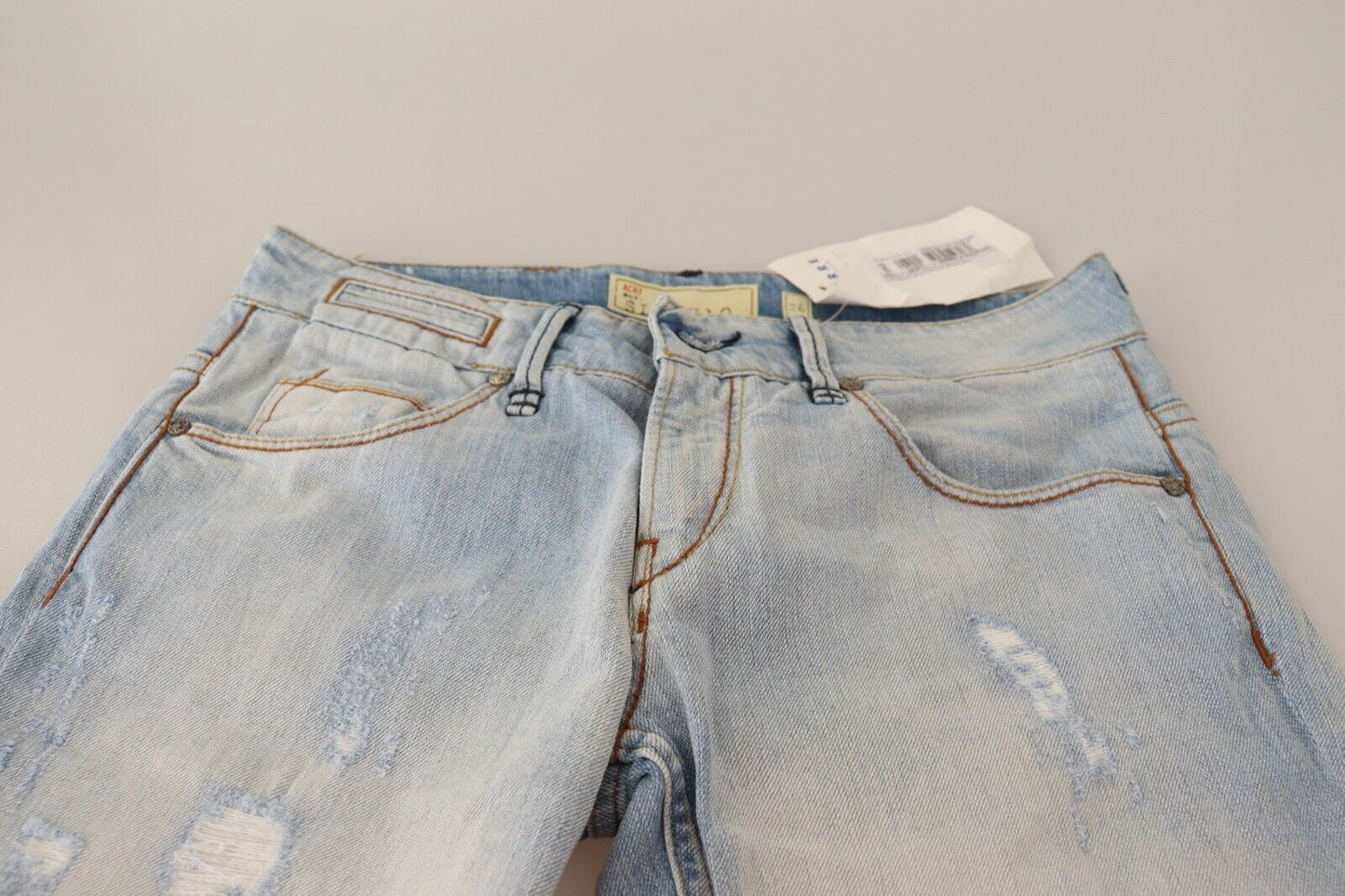 Light Blue Distressed Cotton Folded Hem Denim Trouser Jeans