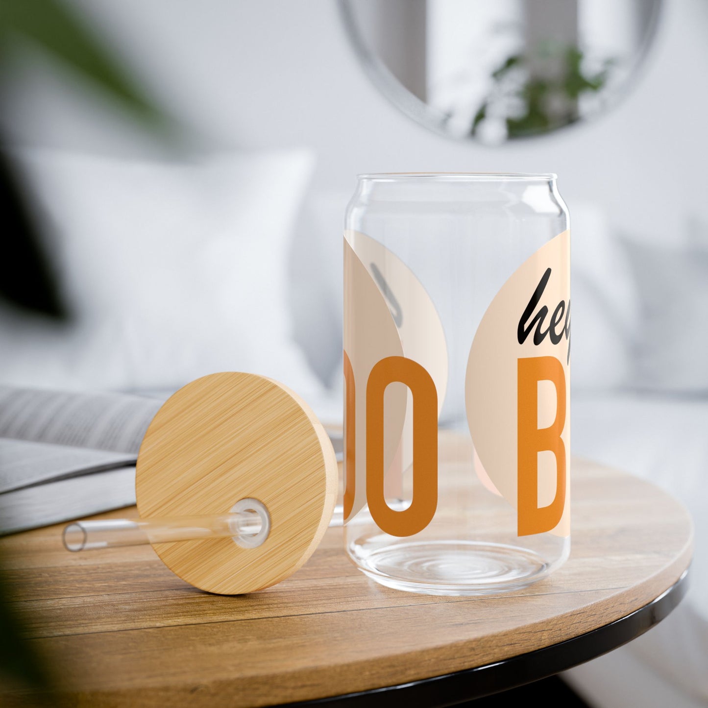Hey Boo 16oz Sipper Glass — "Hey Boo" Retro Typography Drink Tumbler with Bamboo Lid & Straw