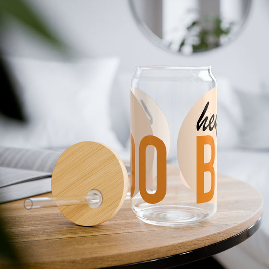 Hey Boo 16oz Sipper Glass — "Hey Boo" Retro Typography Drink Tumbler with Bamboo Lid & Straw