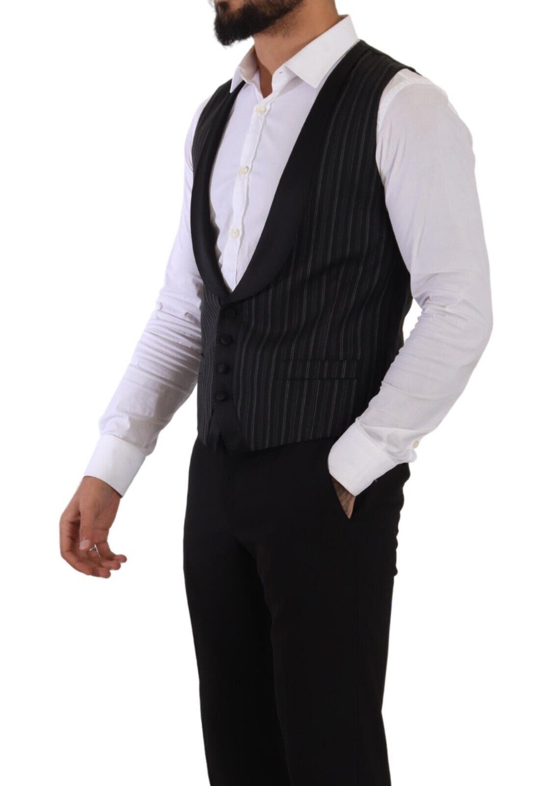 Dark Gray Striped Wool Silk Waistcoat Vest