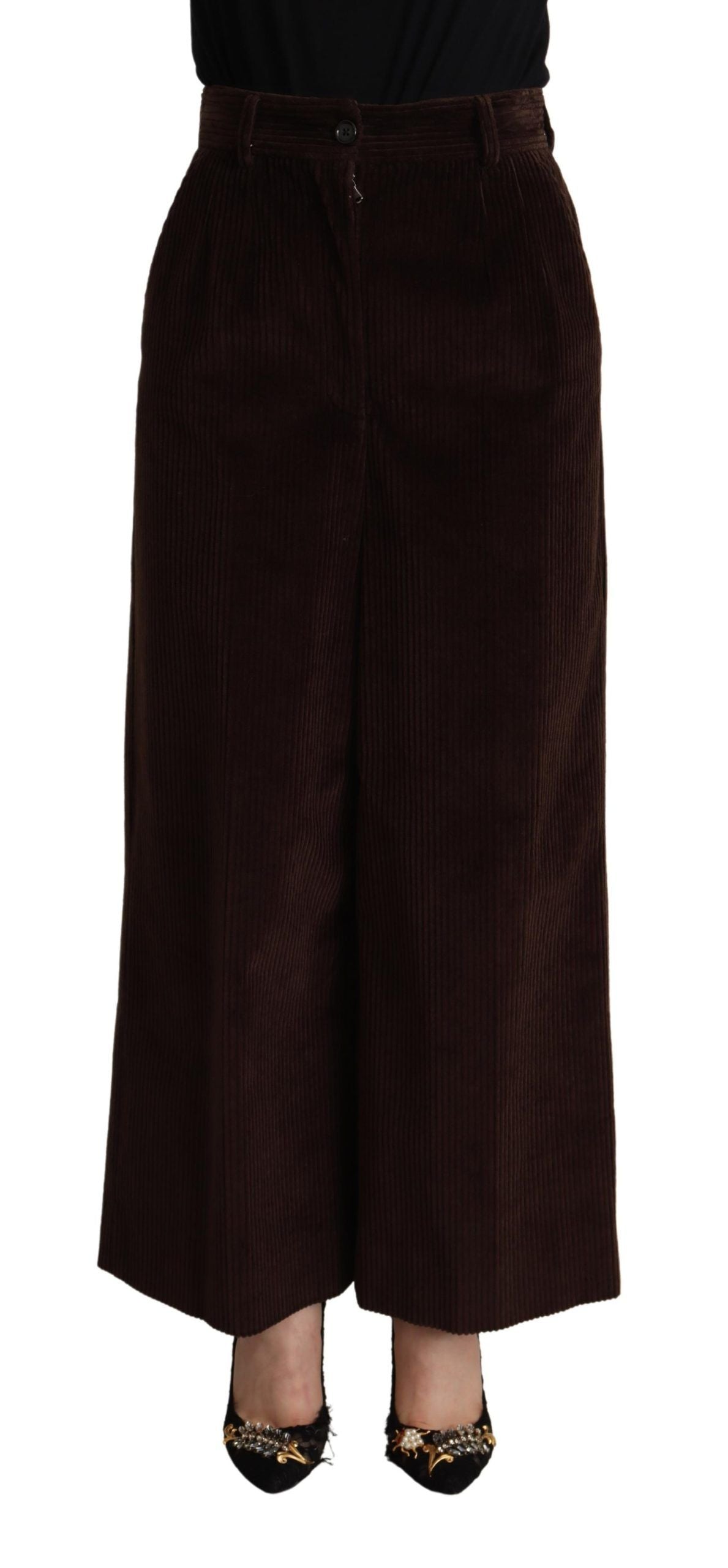 Brown Cotton High Waist Trouser Wide Leg Pants
