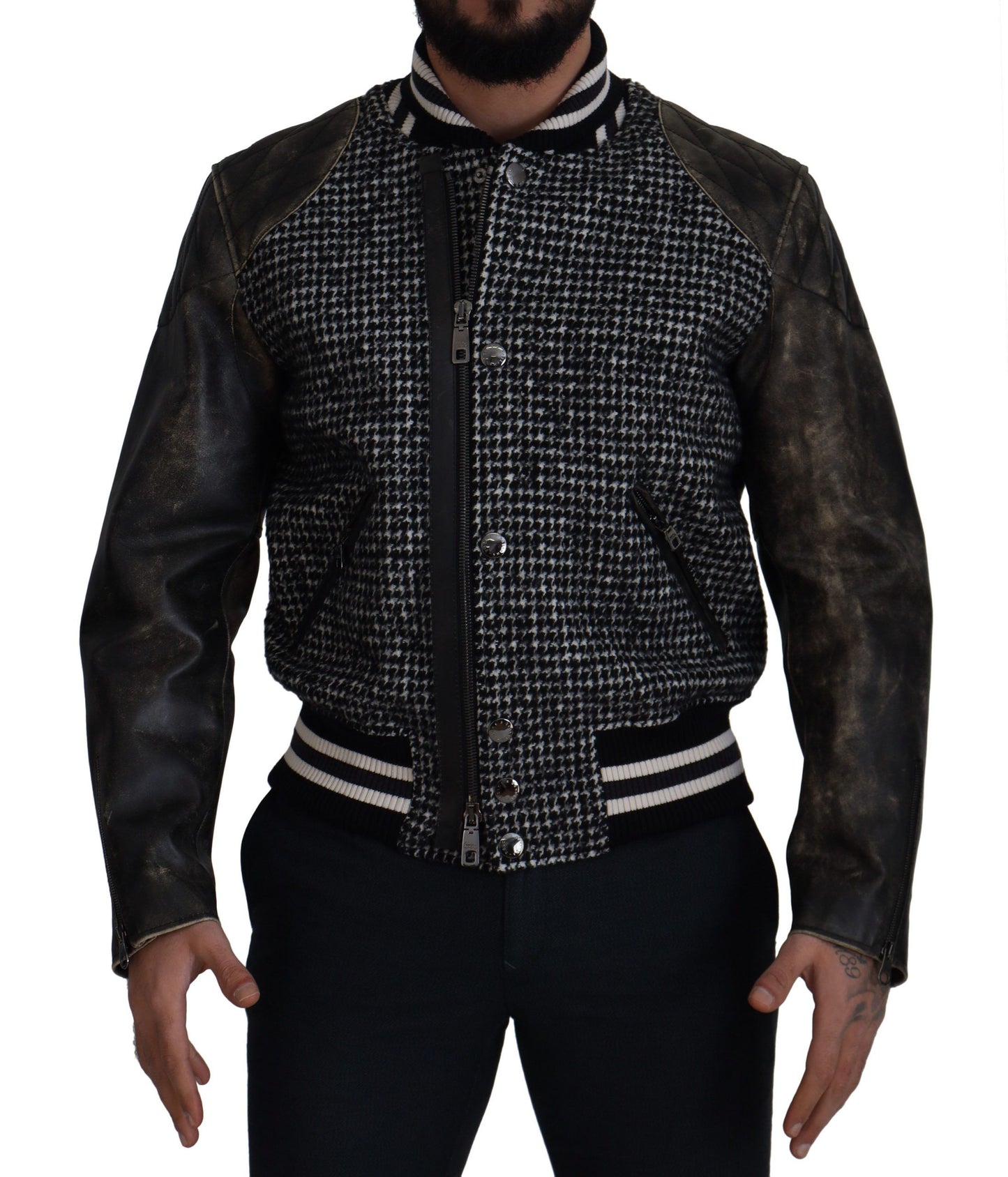 Dark Gray Houndstooth Polyester Bomber Jacket