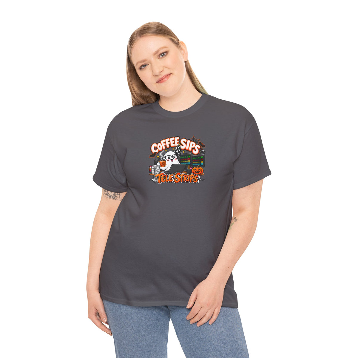 (Hot) Coffee Sips & Tele Strips Shirt | Telemetry Monitor Tech T-Shirt | Cardiac Monitor Technician Tee | Healthcare Worker Gift
