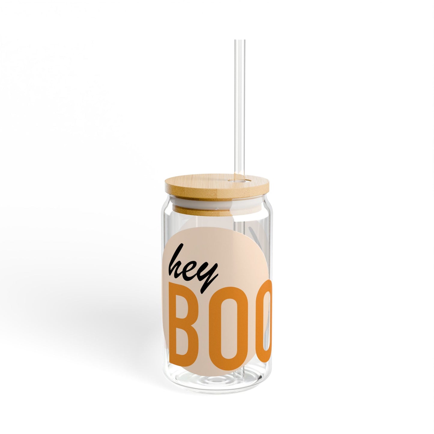 Hey Boo 16oz Sipper Glass — "Hey Boo" Retro Typography Drink Tumbler with Bamboo Lid & Straw