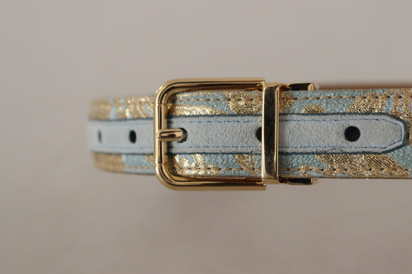 Blue Leather Jacquard Embossed Gold Metal Buckle Belt