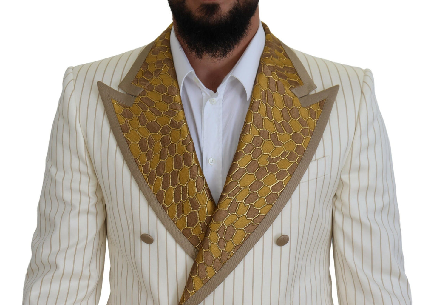 Off White Gold Striped Tuxedo Slim Fit Suit