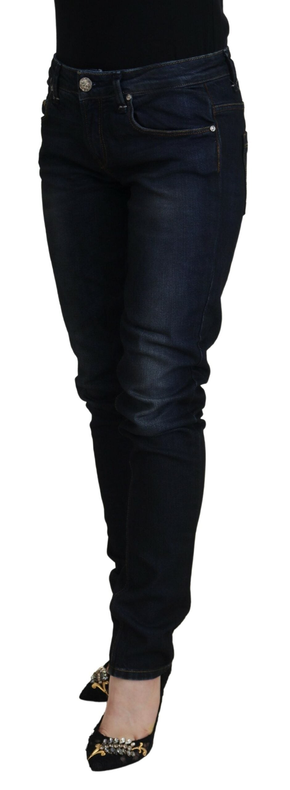 Blue Cotton Skinny Low Waist Women Casual Denim Jeans