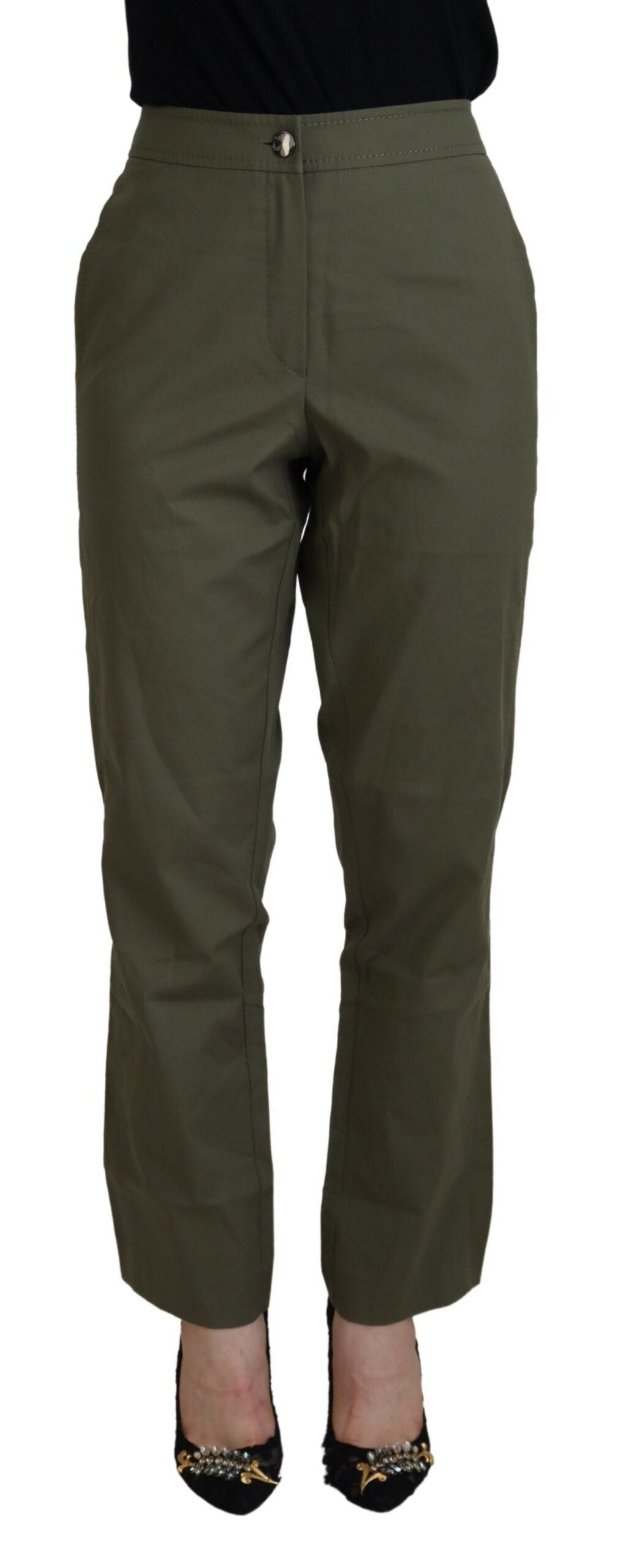 Green Cotton High Waist Women Tapered Pants