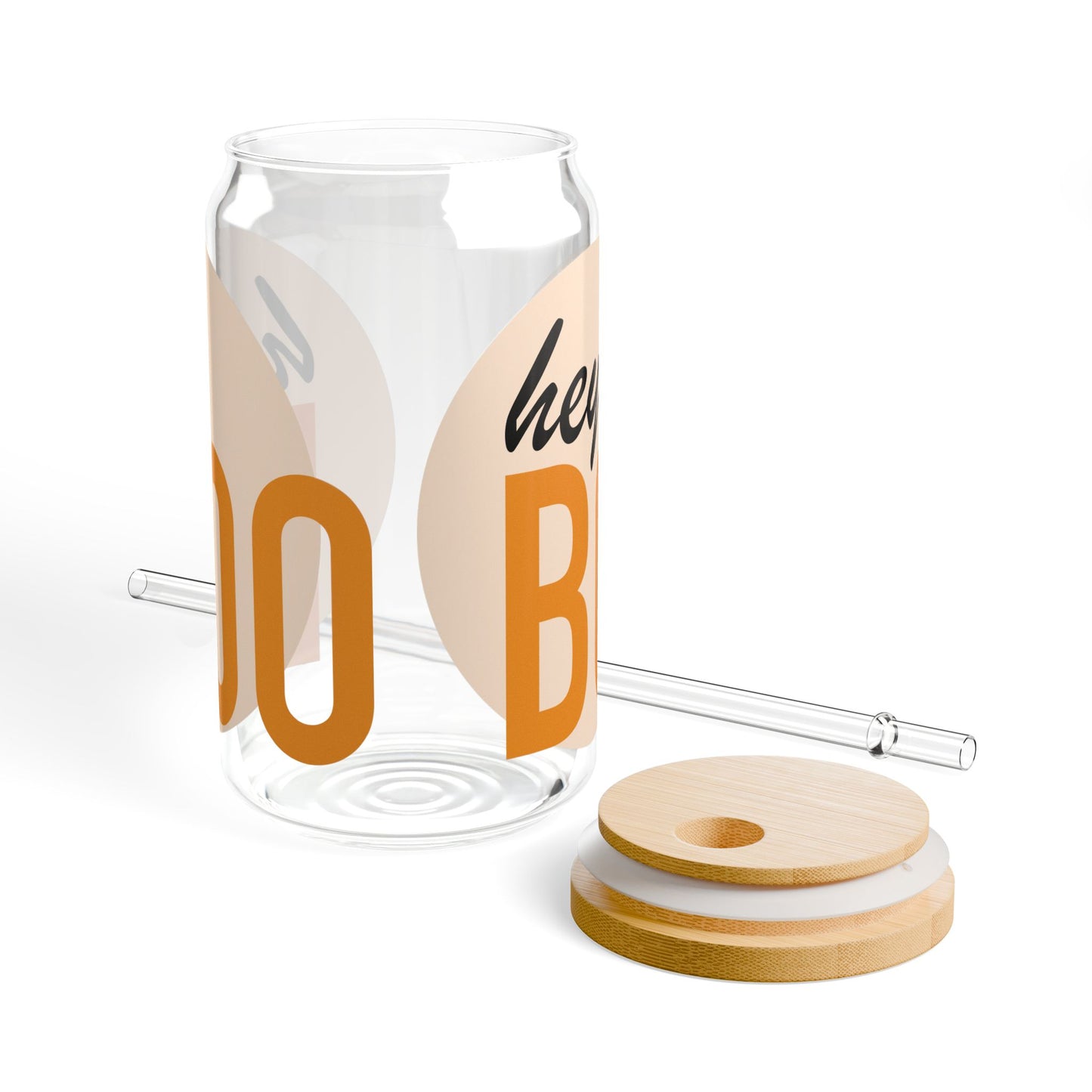 Hey Boo 16oz Sipper Glass — "Hey Boo" Retro Typography Drink Tumbler with Bamboo Lid & Straw